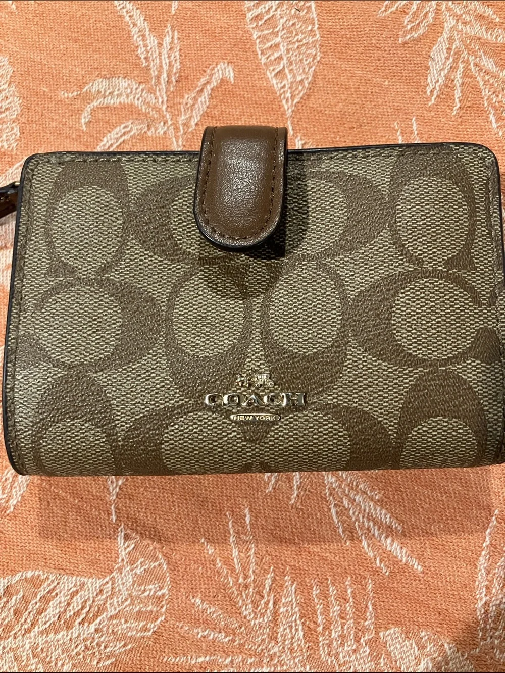 Coach Brown Signature Canvas Compact Wallet with Silver Logo